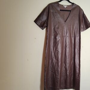 Prologue Brown V-Neck Faux Leather Midi Dress